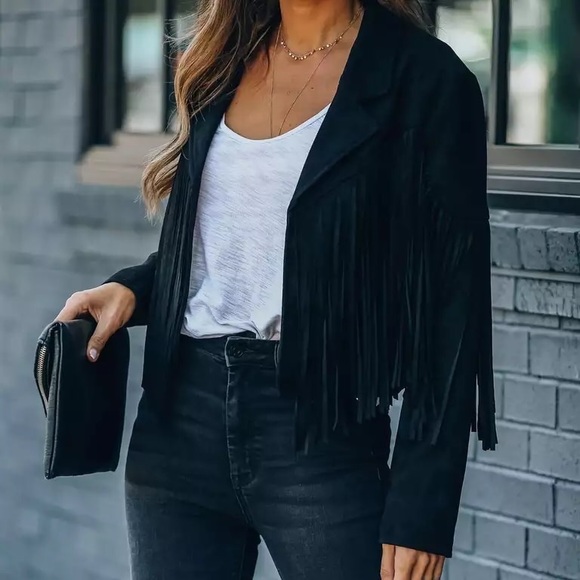 Black Tassel suede boho festival fringe jacket long sleeve jacket - Picture 8 of 9